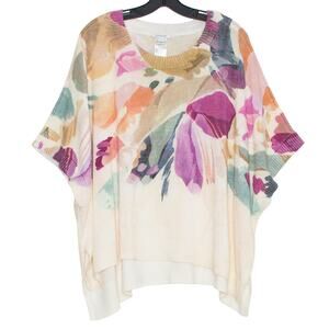 Chicos Floral Poncho Sweater Colorful Boho Artsy Cottagecore Shimmer Spring L/XL
